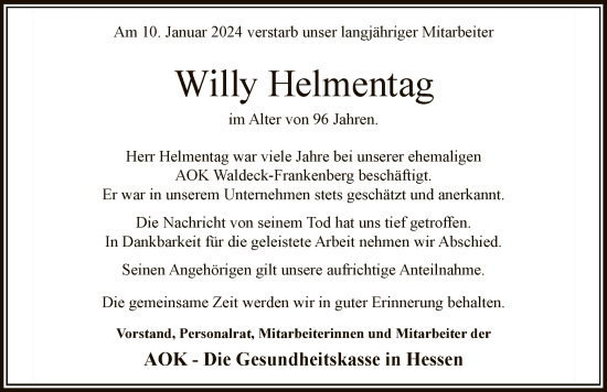 Traueranzeige von Willy Helmentag von WLZ