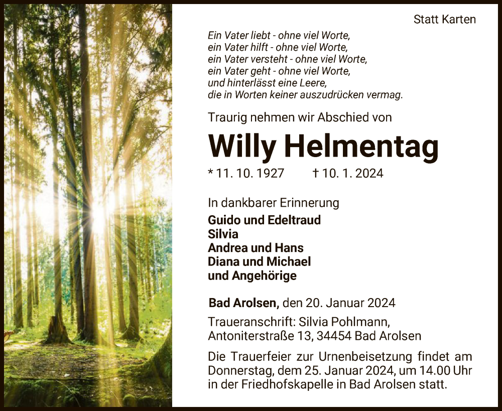  Traueranzeige für Willy Helmentag vom 20.01.2024 aus WLZ