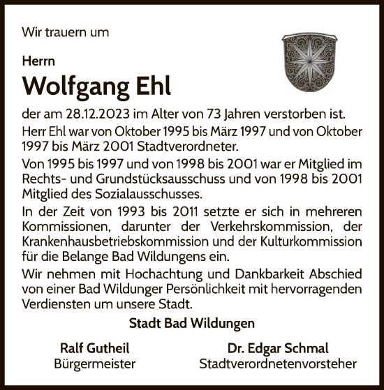 Traueranzeige von Wolfgang Ehl von WLZ