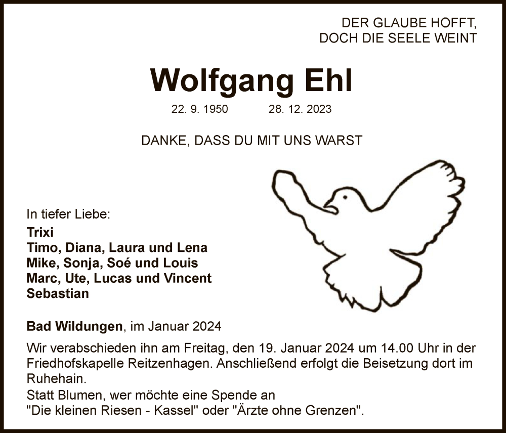  Traueranzeige für Wolfgang Ehl vom 13.01.2024 aus WLZ