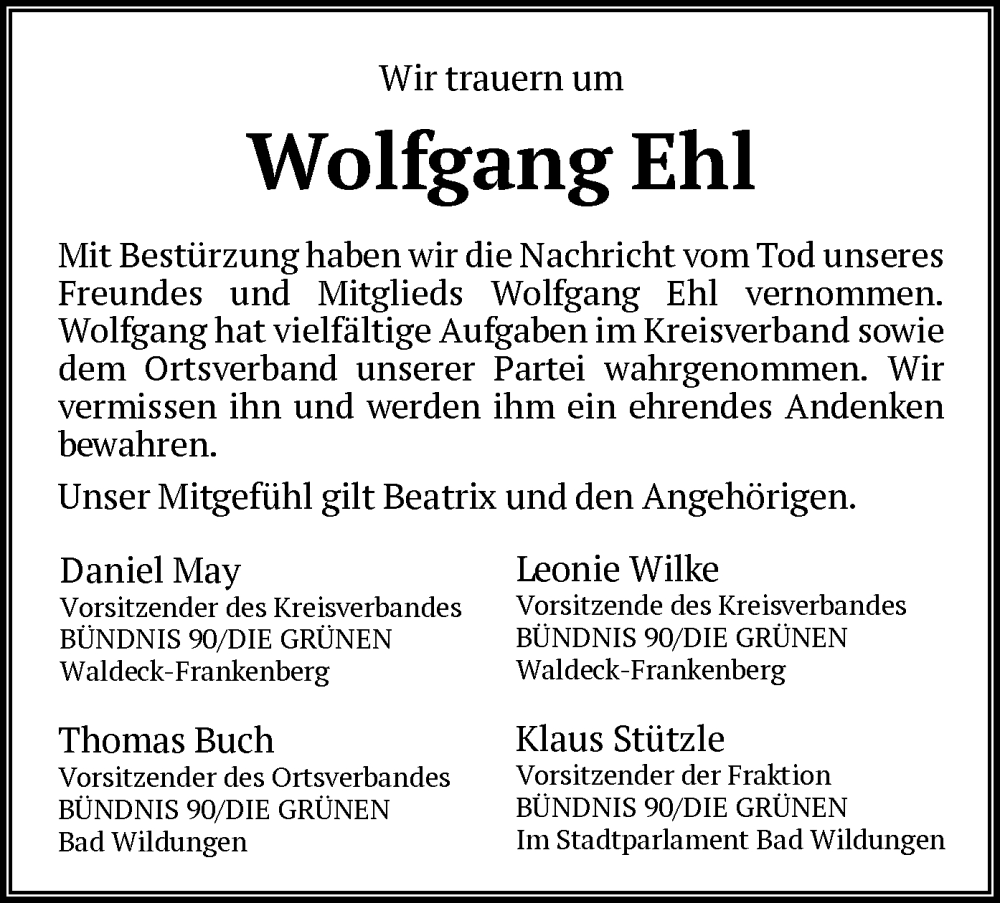  Traueranzeige für Wolfgang Ehl vom 13.01.2024 aus WLZ