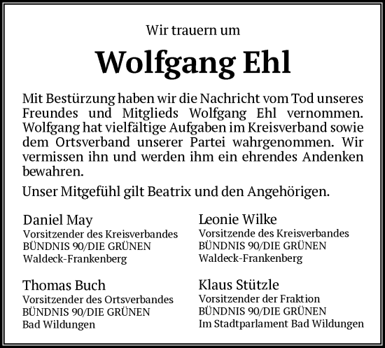 Traueranzeige von Wolfgang Ehl von WLZ