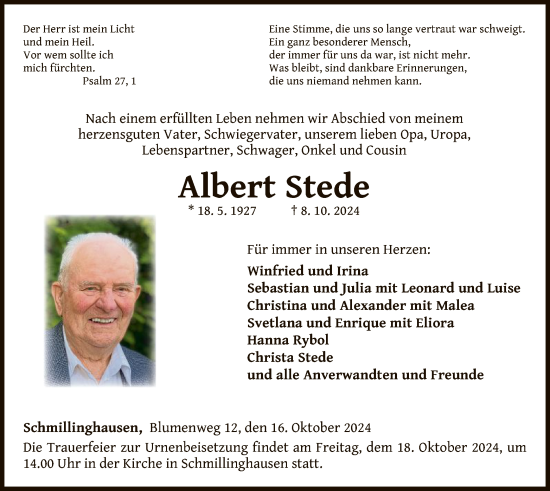 Traueranzeige von Albert Stede von WLZ