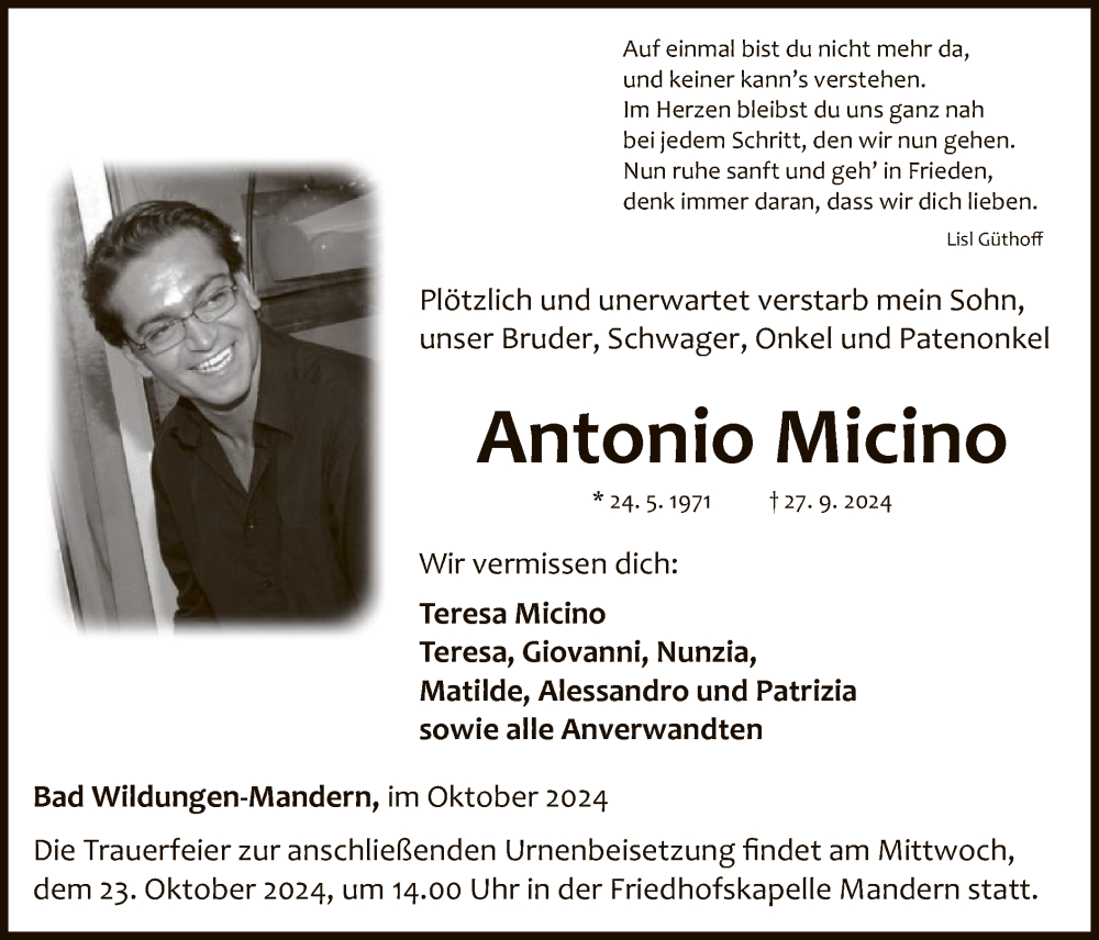  Traueranzeige für Antonio Micino vom 19.10.2024 aus WLZ