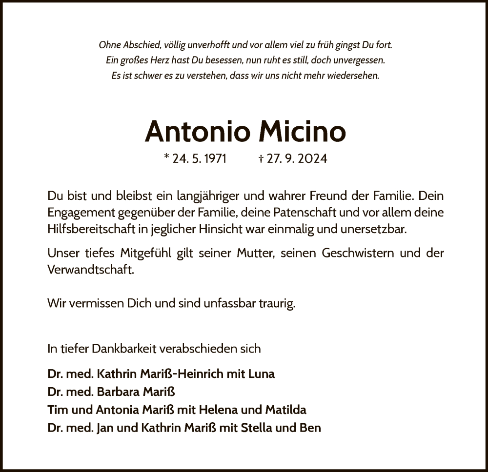  Traueranzeige für Antonio Micino vom 23.10.2024 aus WLZ