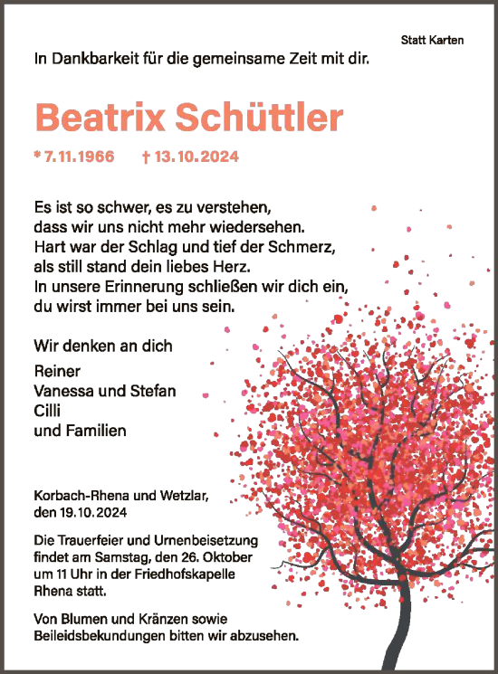 Traueranzeige von Beatrix Schüttler von WLZ