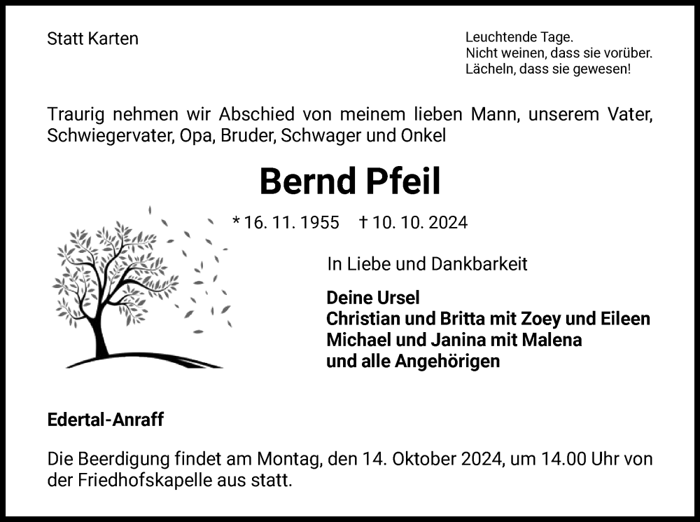  Traueranzeige für Bernd Pfeil vom 12.10.2024 aus WLZ