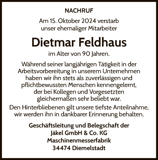 Traueranzeige von Dietmar Feldhaus von WLZ
