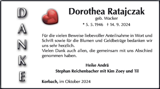 Traueranzeige von Dorothea Ratajczak von WLZ