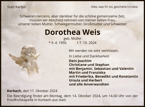 Traueranzeige von Dorothea Weis von WLZ