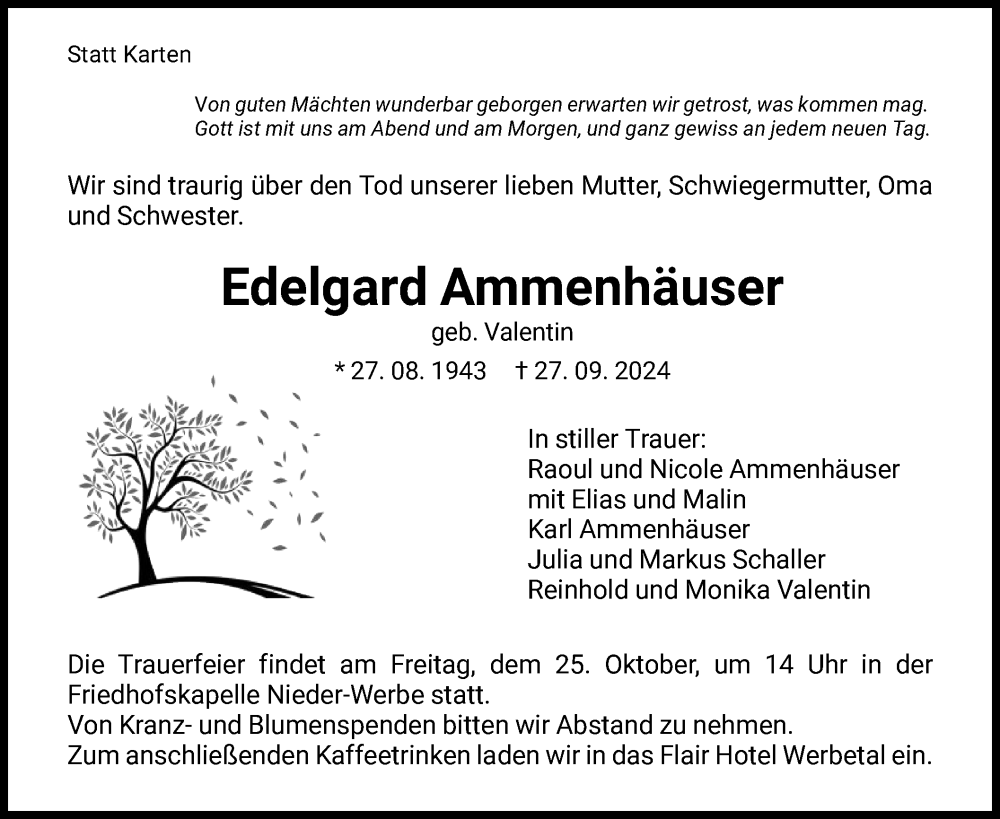  Traueranzeige für Edelgard Ammenhäuser vom 05.10.2024 aus WLZ