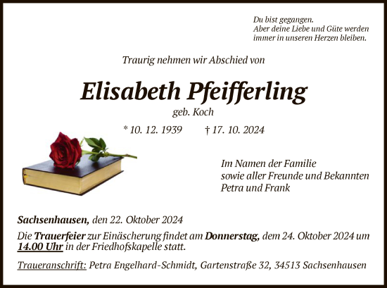 Traueranzeige von Elisabeth Pfeifferling von WLZ