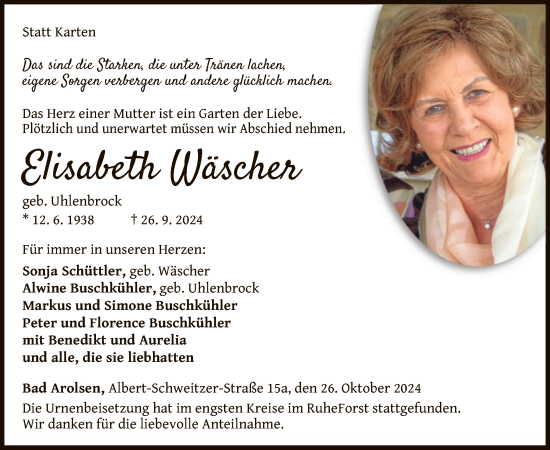 Traueranzeige von Elisabeth Wäscher von WLZ