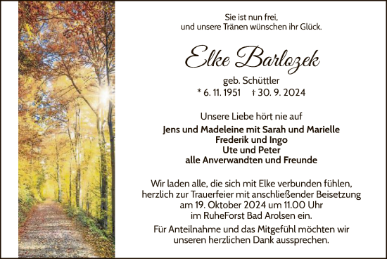 Traueranzeige von Elke Barlozek von WLZ