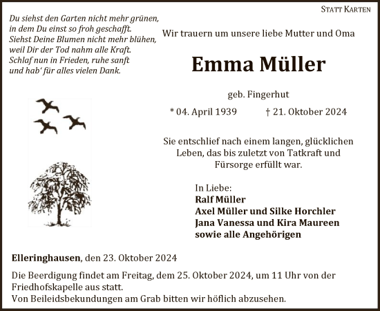 Traueranzeige von Emma Müller von WLZ