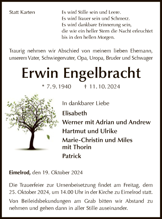 Traueranzeige von Erwin Engelbracht von WLZ