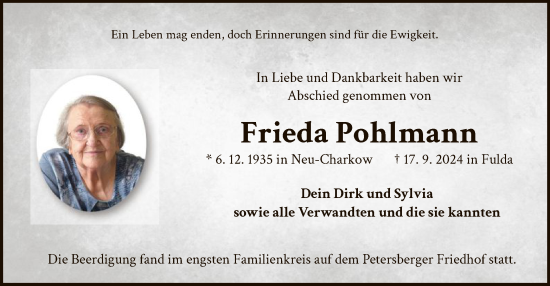 Traueranzeige von Frieda Pohlmann von WLZ