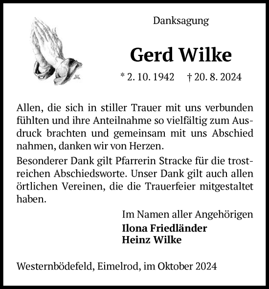 Traueranzeige von Gerd Wilke von WLZ