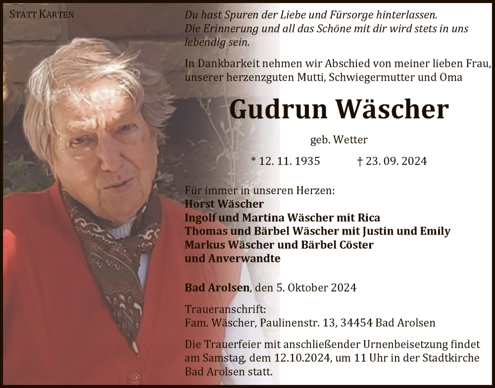  Traueranzeige für Gudrun Wäscher vom 05.10.2024 aus WLZ