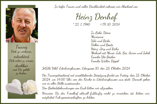 Traueranzeige von Heinz Denhof von WLZHNA