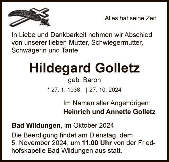 Traueranzeige von Hildegard Golletz von WLZ