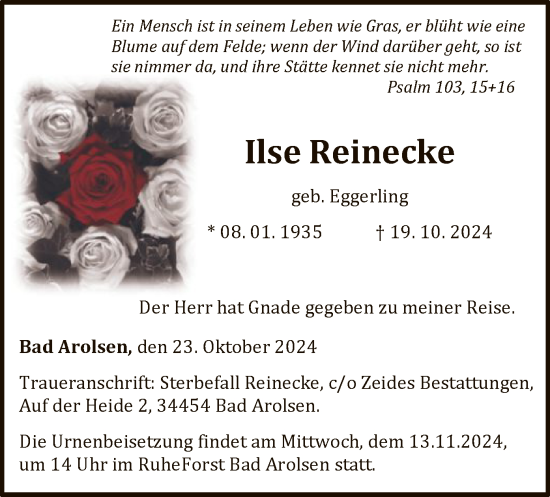 Traueranzeige von Ilse Reinecke von WLZ