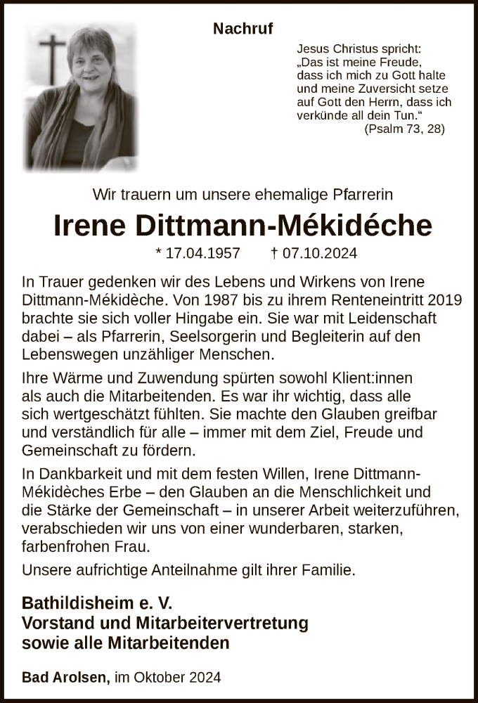  Traueranzeige für Irene Dittmann-Mekideche vom 10.10.2024 aus WLZ