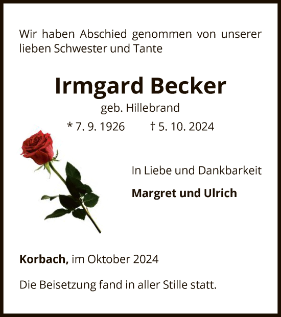 Traueranzeige von Irmgard Becker von WLZ