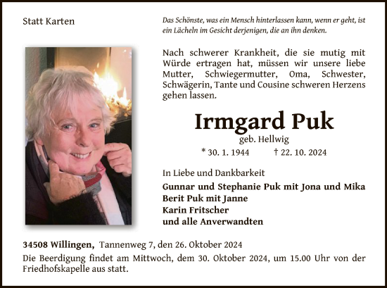 Traueranzeige von Irmgard Puk von WLZ