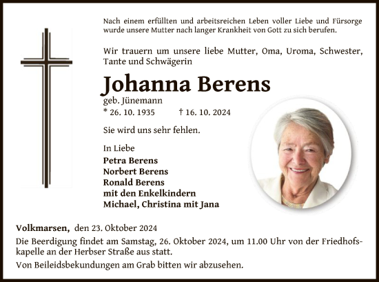 Traueranzeige von Johanna Berens von WLZ