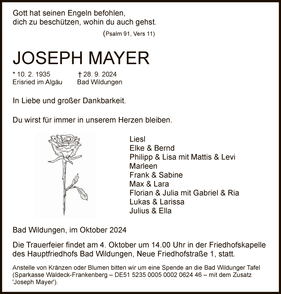  Traueranzeige für Joseph Mayer vom 01.10.2024 aus WLZ