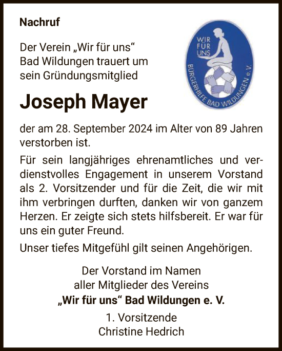 Traueranzeige von Joseph Mayer von WLZ