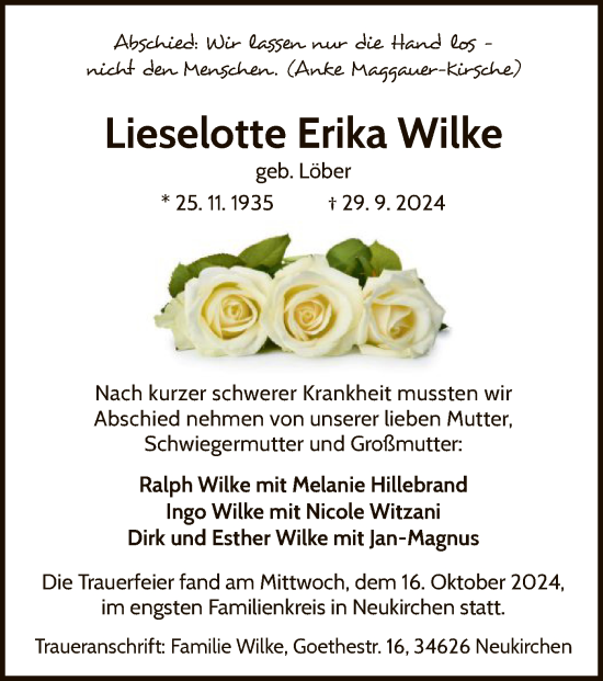 Traueranzeige von Lieselotte Erika Wilke von WLZHNA