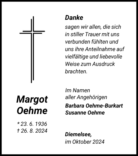 Traueranzeige von Margot Oehme von WLZ