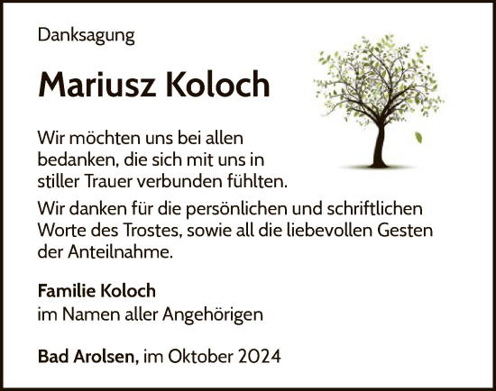 Traueranzeige von Mariusz Koloch von WLZ