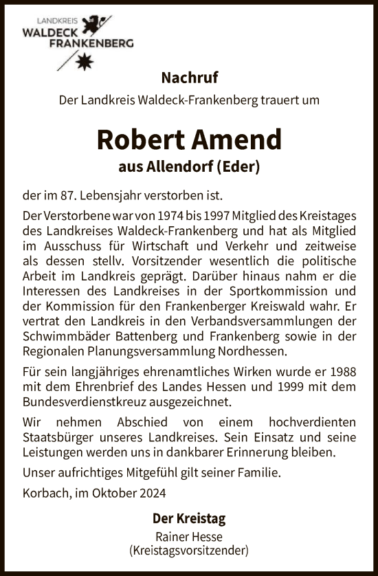 Traueranzeige von Robert Amend von WLZHNA