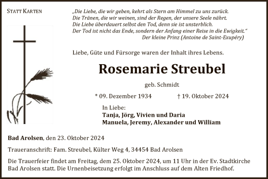 Traueranzeige von Rosemarie Streubel von WLZ