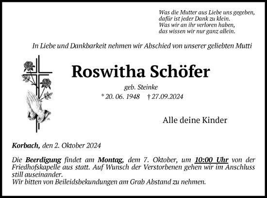 Traueranzeige von Roswitha Schöfer von WLZ