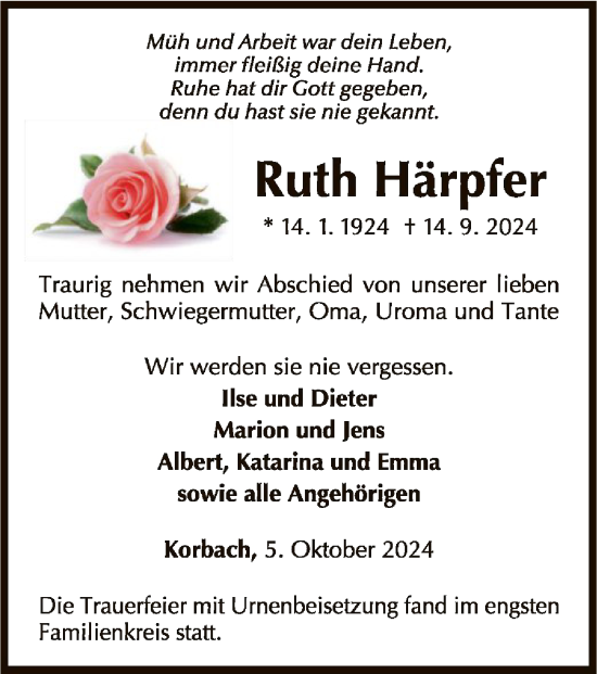 Traueranzeige von Ruth Härpfer von WLZ