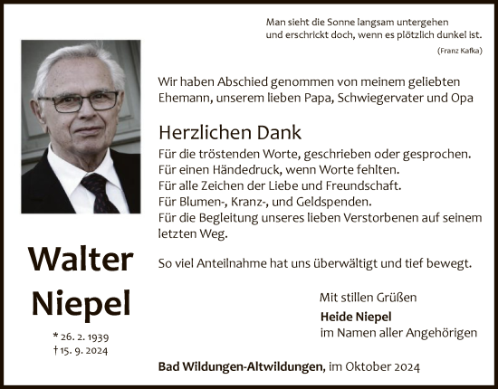 Traueranzeige von Walter Niepel von WLZ