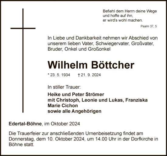 Traueranzeige von Wilhelm Böttcher von WLZ