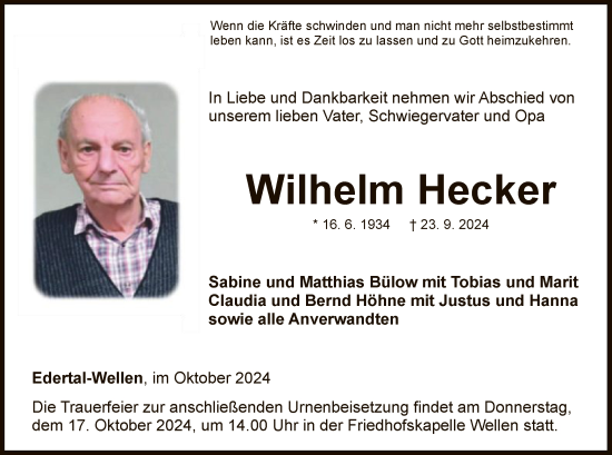 Traueranzeige von Wilhelm Hecker von WLZ