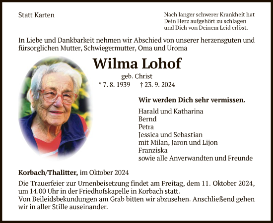 Traueranzeige von Wilma Lohof von WLZ