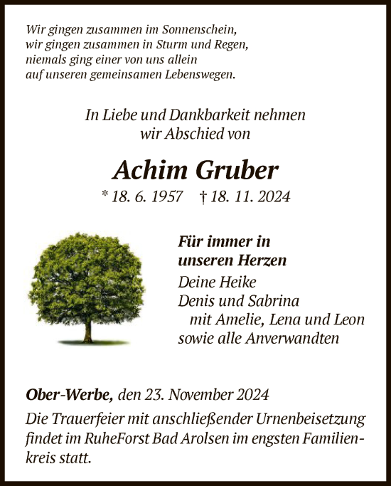 Traueranzeige von Achim Gruber von WLZ