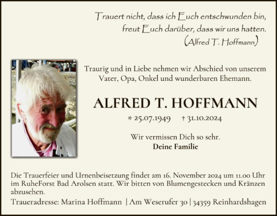 Traueranzeige von Alfred T. Hoffmann von WLZ