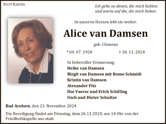 Traueranzeige von Alice van Damsen von WLZ