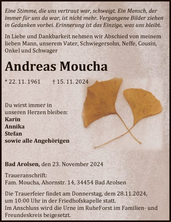 Traueranzeige von Andreas Moucha von WLZ