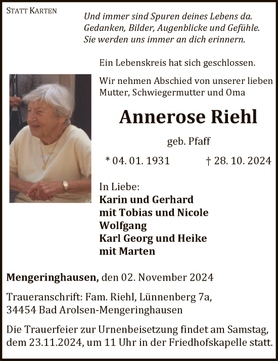 Traueranzeige von Annerose Riehl von WLZ