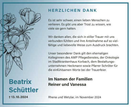 Traueranzeige von Beatrix Schüttler von WLZ