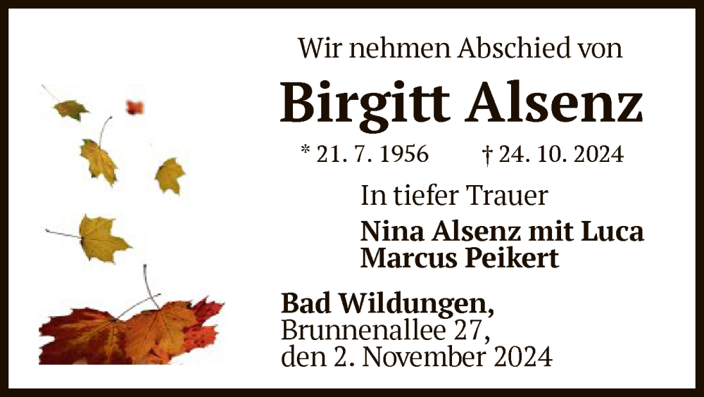  Traueranzeige für Birgitt Alsenz vom 02.11.2024 aus WLZ